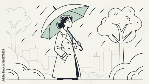 Woman walking in the rain with umbrella.