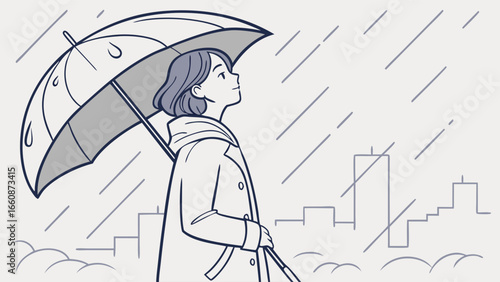 Woman holding umbrella on rainy city day.
