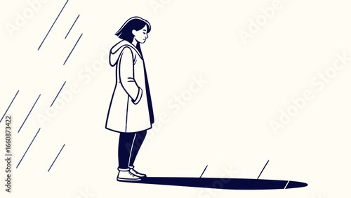 a woman standing alone in the rain.