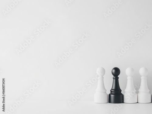 Minimalistic composition of five chess pawns lined up on a plain white background, featu three white pawns and two black pawns in a simple, elegant arrangement