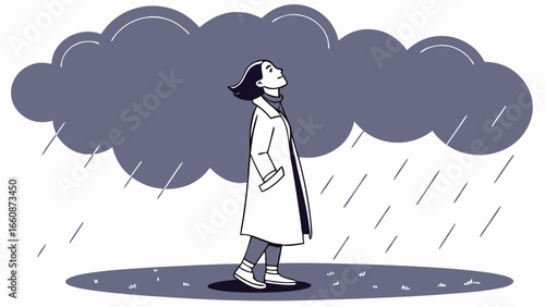 a woman standing under a rainy cloud.