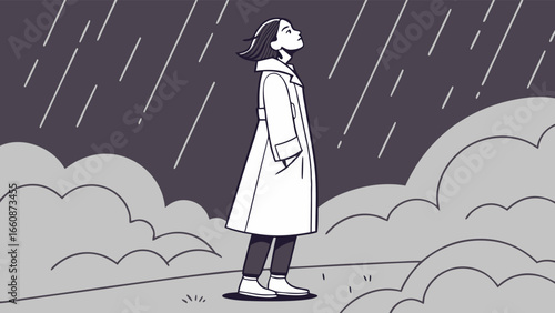 a woman standing alone in the rain.