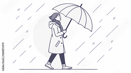 Person walking with umbrella on rainy day.