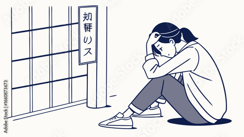 Sad young woman sitting alone by window.