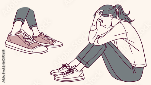 a woman sitting on the ground with her head in her hands.