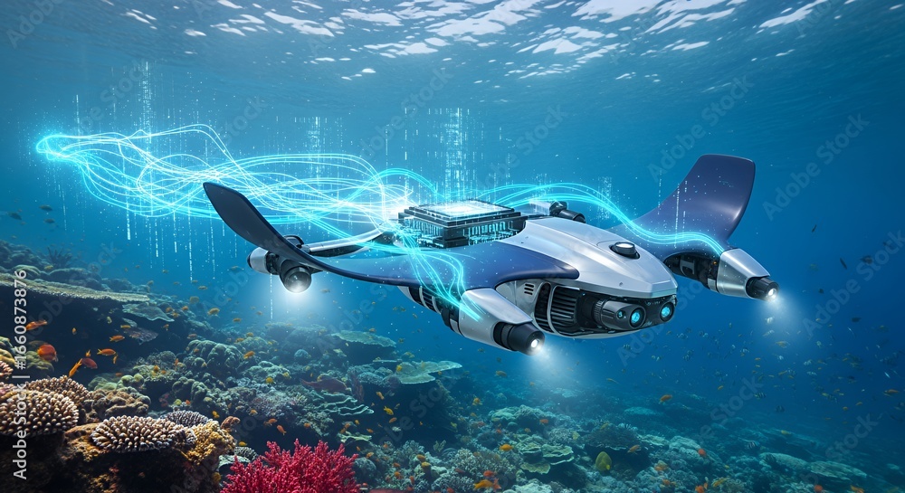 Fototapeta premium Underwater Drone Exploring Vibrant Coral Reef