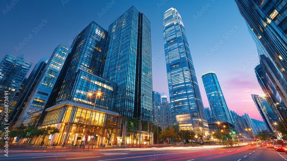 Obraz premium Modern illuminated skyscrapers line a street with light trails from vehicles at dusk
