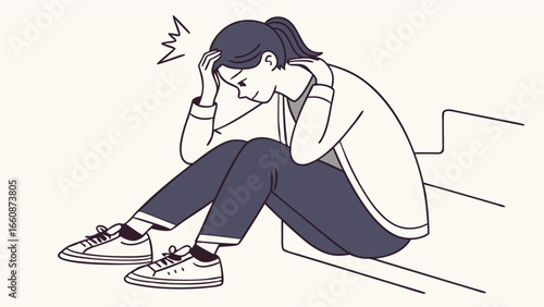 A stressed woman sitting on stairs.
