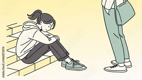 A young girl sits alone on steps looking sad.