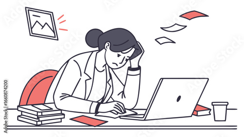 Frustrated businesswoman with paperwork and laptop.