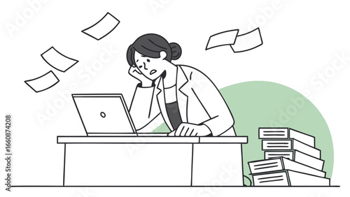 overwhelmed businesswoman with paperwork stress.