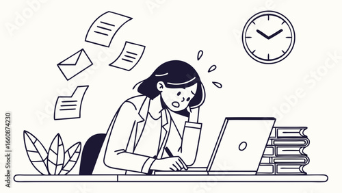 Overwhelmed businesswoman working late at night.