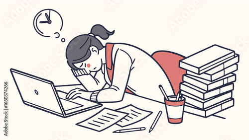 Woman stressed while working on laptop with books.