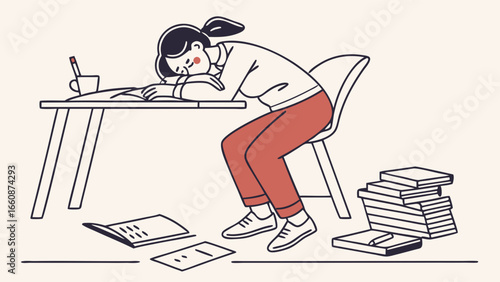 Tired student sleeping at desk with books.