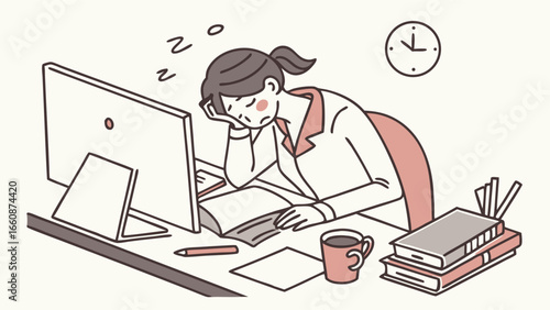 woman sleeping at desk with computer.