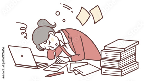 overwhelmed businesswoman working on laptop with piles of paperwork.