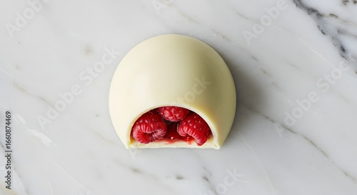 A white chocolate dome dessert filled with fresh raspberries on a marble surface close up view