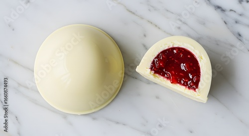 A white chocolate sphere and a half sphere filled with red jam on a marble surface are displayed