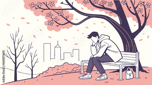 A man sitting on a park bench looking sad.