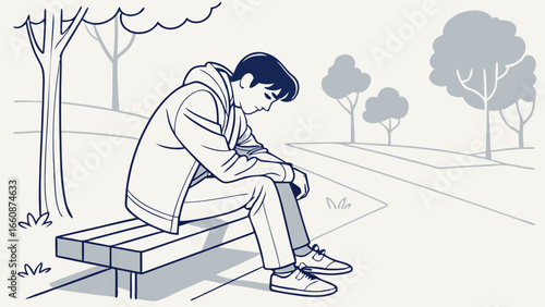 a man sitting on a bench looking sad.