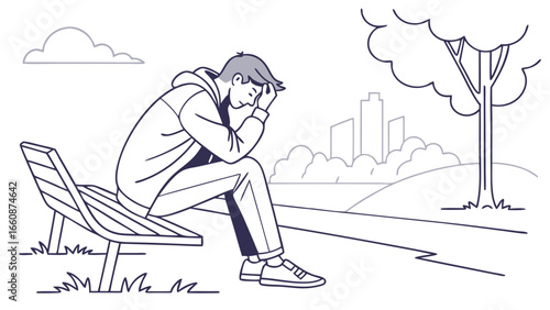 A man sitting on a bench looking sad and depressed in the city.