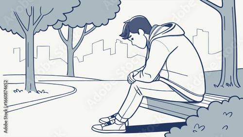 A man sitting alone on a park bench looking down.