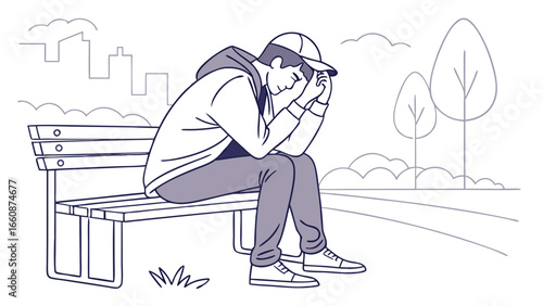 A man sitting on a bench feeling sad and depressed in the city.