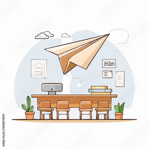 Paper airplane flying over office desk with computer and plants.