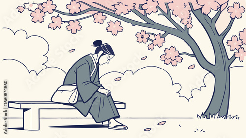 a person sitting on a bench under a tree with pink flowers.