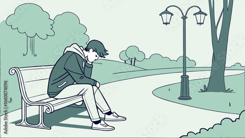 A man sits alone on a park bench looking sad and contemplative outdoors.
