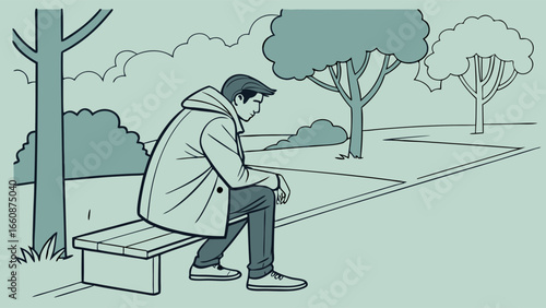 A man sitting on a park bench looking down.