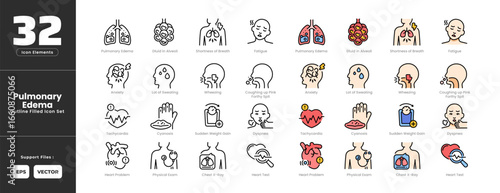 Pulmonary Edema Symptoms Icon Set Collection - Outline Line Art Style. Containing Dyspnea, Fatigue, Wheezing, Anxiety, Chest X-Ray, Cyanosis, Alveoli, Heart, Test, Sweating, Exam, Pulmonary Edema.