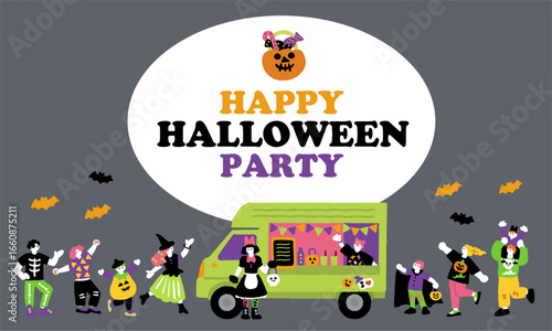 キッチンカーとハロウィンパーティーと仮装を楽しむ人々の手書きイラスト