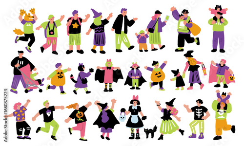 ハロウィンパーティーと仮装を楽しむ人々の手書きイラスト