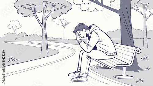 A man sitting on a park bench looking sad and contemplative in a natural setting.
