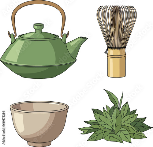 Illustration featuring a green teapot, tea whisk, bowl, and tea leaves, all associated with a traditional tea ceremony.