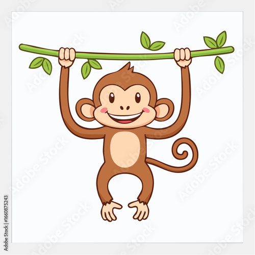 A cartoon monkey hanging from a branch.