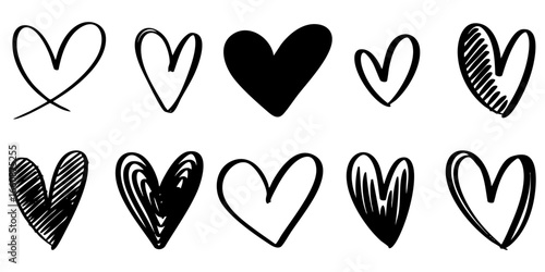 Collection of hand drawn heart doodles in different styles, black ink sketch, isolated on white background.