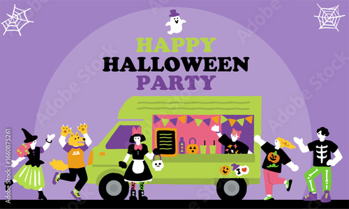 キッチンカーとハロウィンパーティーと仮装を楽しむ人々の手書きイラスト