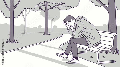 A man sitting alone on a park bench looking sad and depressed.