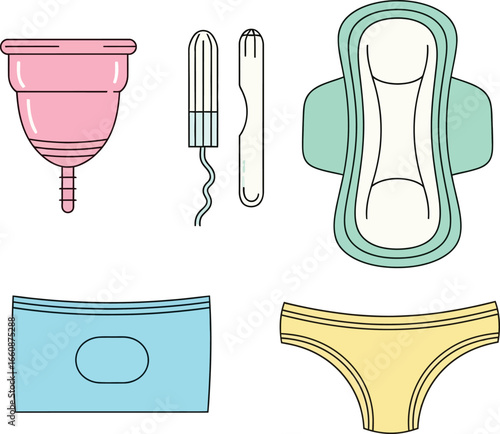 Illustration of feminine hygiene products and underwear.