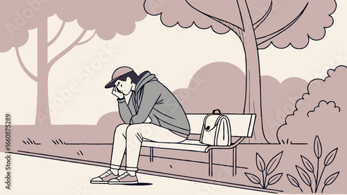 a man sitting on a park bench looking sad.