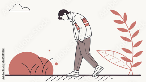 Person walking alone with sad emotions.