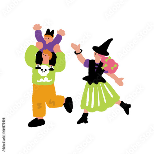 ハロウィンの仮装をする親子の手書きイラスト