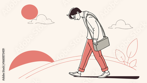 a man walking alone with a bag.