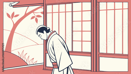 Traditional Japanese man in kimono bowing.