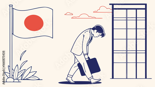 A man walks past a Japanese flag and gate.