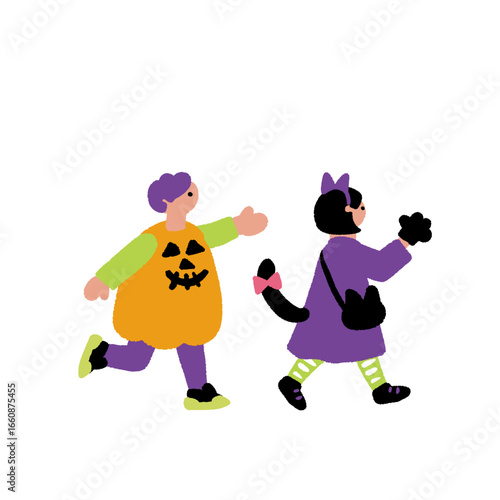 ハロウィンの仮装をするこどもの手書きイラスト