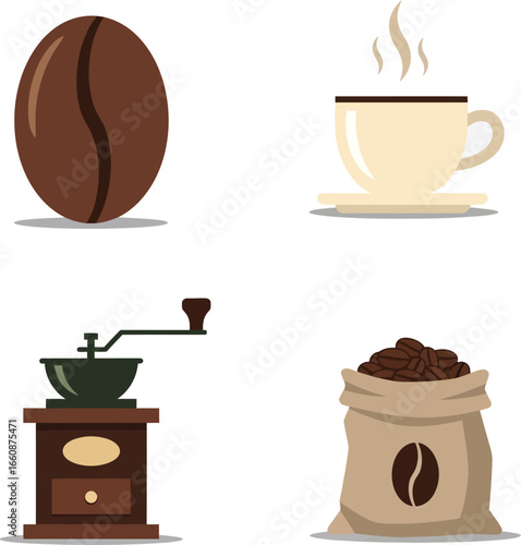 Vector illustration depicting coffee elements: bean, cup, grinder, and bag.