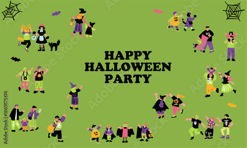 ハロウィンパーティーと仮装を楽しむ人々の手書きイラスト